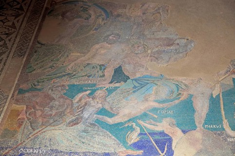 Cosmology mosaic, Casa del Mitreo Roman villa site, Merida, Extremadura, Spain, Europe
