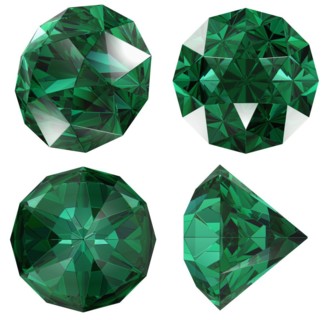 Emerald gem isolated different views with refraction