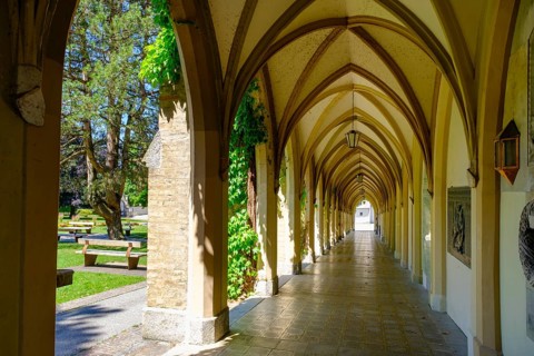 Arcades in the municipal park, former cemetery, Schwaz, Inntal, Tyrol, Austria, Europe