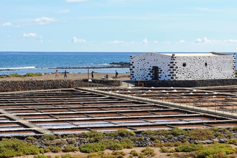 Historic salt works for salt extraction, today the salt museum Museo de la Sal, in the foreground