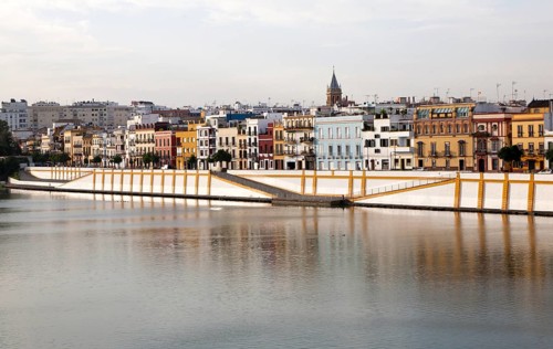 Historic houses on Calle Betis in the Triana district on the banks of the Guadalquivir river,
