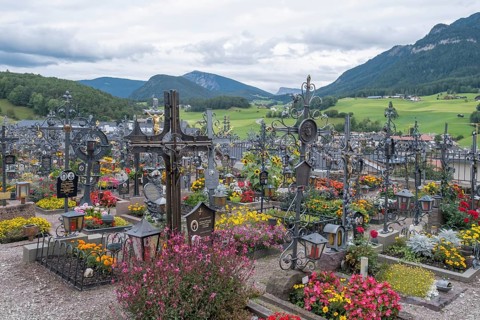 Cemetery with wrought-iron grave crosses, Castelrotto South Tyrol Italy