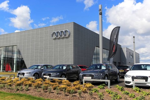 Audi logo sign car showroom building, Ipswich, Suffolk, England, UK