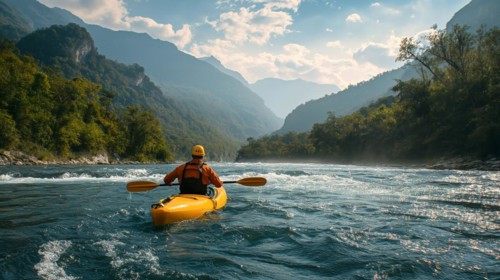 Kayaker paddling the rapids of A beautiful mountain river. generative AI, AI generated