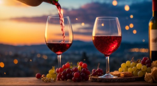 Red and white wine tasting at winery fields and grapevines, AI generated