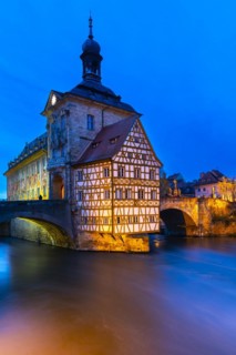 Upper Bridge, Old Town Hall, Regnitz, historic old town, Blue Hour, Bamberg, Lower Franconia,