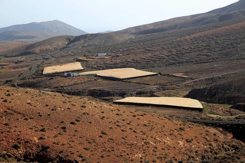 Plastic fleece enclosed spaces used for agriculture, near Cardon, Fuerteventura, Canary Islands,