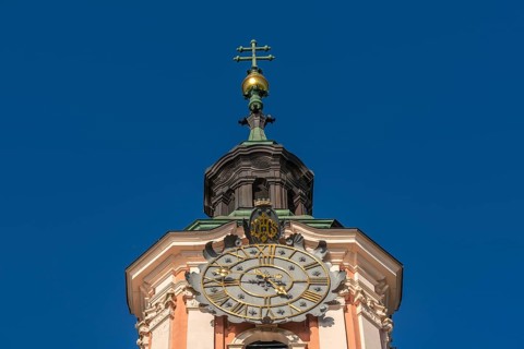 Tower with tower clock, Birnau pilgrimage church, Uhldingen-Mühlhofen, Lake Constance,