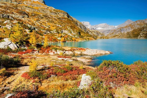 Autumn colours at Lac d'Emosson in the Valais mountains, Switzerland, Europe
