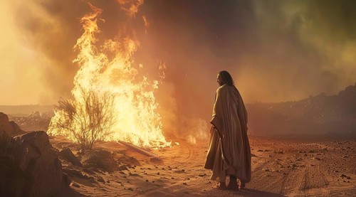 Moses looking at the burning bush. Bible stories and miracles, god manifestation, AI generated