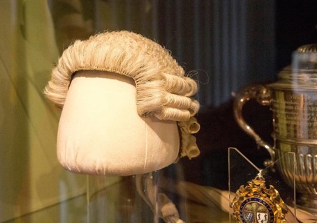 Display old fashioned judge's wig with permission of Chippenham museum, Wiltshire, England, UK