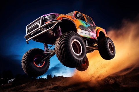 Monster truck driving and jumping outdoors amidst a cloud of dust. Thrill and adrenaline of an