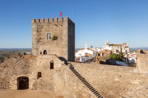Historic walled castle in hilltop village of Monsaraz, Alto Alentejo, Portugal, southern Europe,