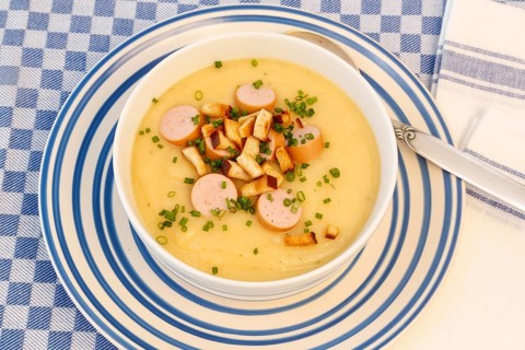 Swabian cuisine, potato soup with string sausages and pretzel croutons, hearty, savoury, typical