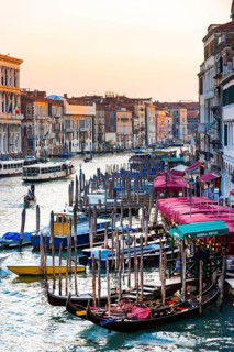 Gondolas with jetty on the Grand Canal, empty, city trip, holiday, travel, tourism, lagoon city,