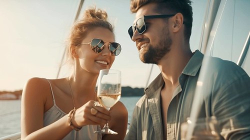 Young adult caucasian couple enjoying drinks on the deck of their yacht in the ocean, generatvie