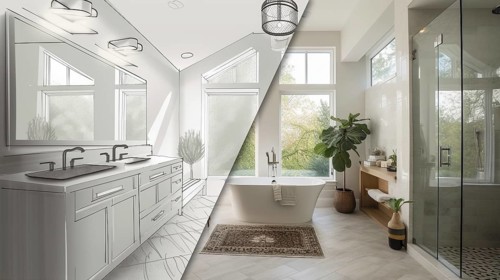 Custom bathroom upgrade interior concept drawing before and after completed construction,