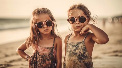 Two young girlfriends posing wearing sunglasses having fun on the beach, generatvie AI, AI
