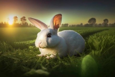 Cute white easter bunny rabbit sitting in the grass field, generative AI, AI generated