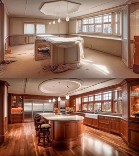 Luxurious custom kitchen upgrade interior before and after construction, generative AI, AI