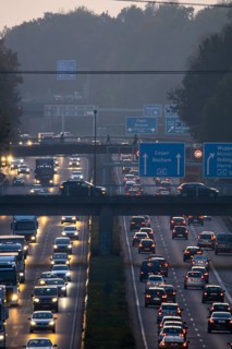 Motorway A40, Ruhrschnellweg, near Bochum, heavy evening traffic, in front of the motorway junction