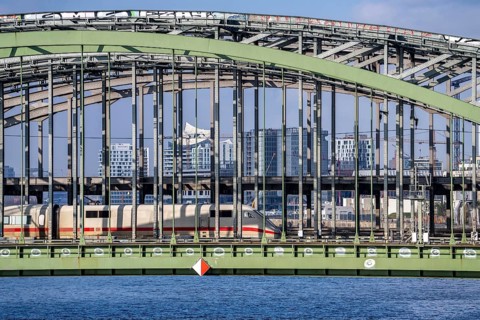 Railway Elbe bridges, at Elbbrücken station, spanning the Norderelbe, ICE train, in the background