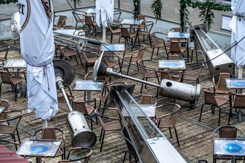 Closed outdoor catering, beer garden, on the banks of the Rhine, old town, casemates, relocated