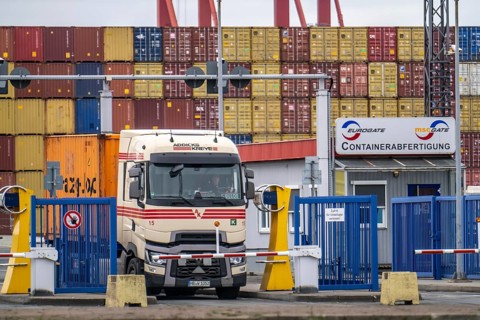Entry and exit for container lorries, to the MSC container terminal in the seaport of Bremerhaven,