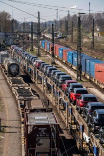Duisburg-Rheinhausen freight station, at the Logport harbour area, goods trains loaded with new