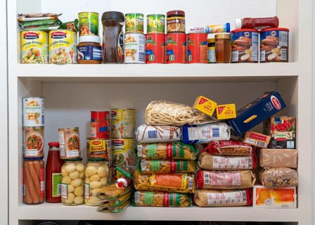Emergency preparedness, food stock in a private household, shelf, pantry, with long-life food,