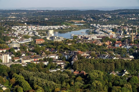 View over the south-east of Dortmund, across Hoetger Park to Lake Phoenix, North Rhine-Westphalia,