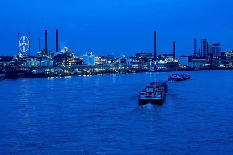 Backdrop of Chempark Leverkusen, Bayer Leverkusen, chemical park, chemical plant, river Rhine,
