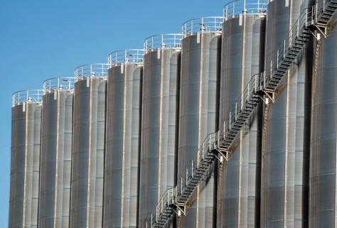 Stainless steel tanks of a large silo facility in Duisburg inland harbour, Duisburg-Neuenkamp, for