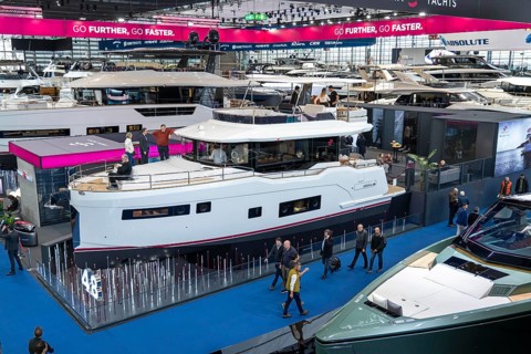 Large yachts, luxury yachts, in Hall 6 of BOOT 2024, the world's largest yacht and water sports
