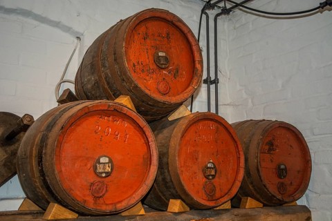 Barrels for storing rum in the rum museum in Flensburg, Schleswig-Holstein, Germany, Europe