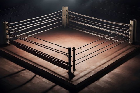 Empty boxing ring with ropes tightly stretched across the square corner, AI generated