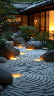 Zen garden bathed in the soft glow of dawn as a serene symbol for relaxation, AI generated