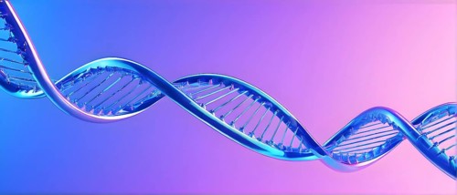 DNA double helix structure against gradient blue background, AI generated