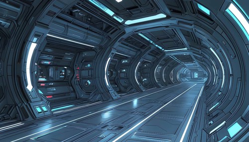 Three dimensional render of futuristic corridor inside a spaceship or space station, AI generated