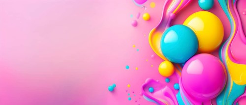 Abstract image with colorful yellow and turquoise blobs and liquid shapes on a pink background, AI