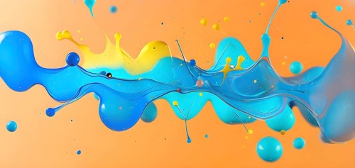 Abstract wallpaper with colorful turquoise and yellow blobs and liquid shapes on a orange