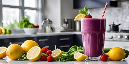 Smoothie surrounded by an assortment of fruits and vegetables, AI generated
