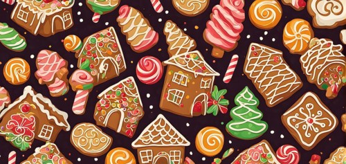 Abstract wallpaper illustration of of gingerbread house decoration, AI generated