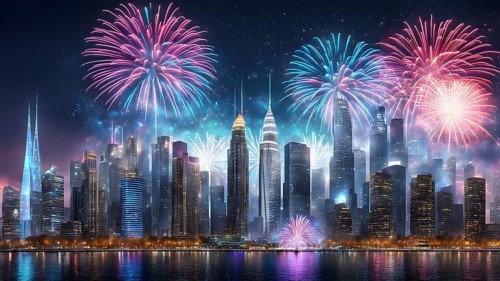 Wallpaper illustration of a cityscape on New Year's Eve, with glowing skyscrapers and floating