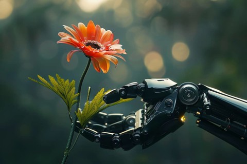 Artificial intelligence AI robot hand holding orange flower, Generative AI, AI generated