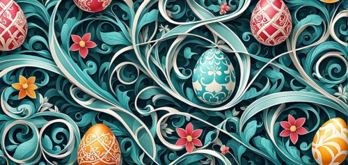 A whimsical abstract pattern with intertwined ribbons, eggs, and floral motifs, with a mix of sharp