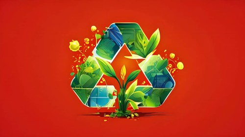 Recycling symbol morphing into growing plants and solar cells to symbolize the transformation of