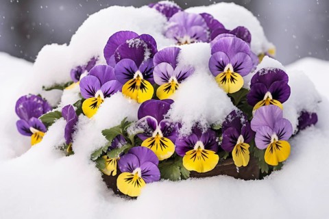 Purple and yellow seasonal Pansies spring flowers covered in snow. KI generiert, generiert AI