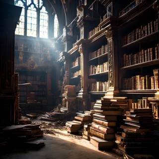 Forgotten library with dust coated books filling shelves, AI generated
