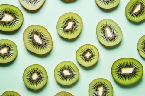 Top view of slices of kiwi fruits on blue background. KI generiert, generiert, AI generated